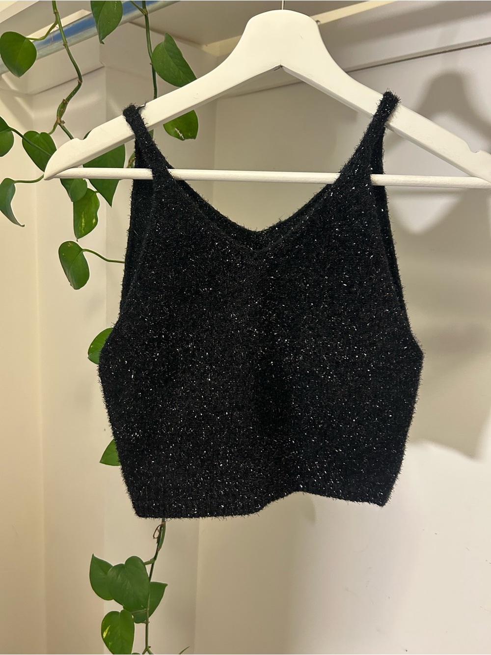 Topshop Black Sparkle V-Neck Cropped Tank